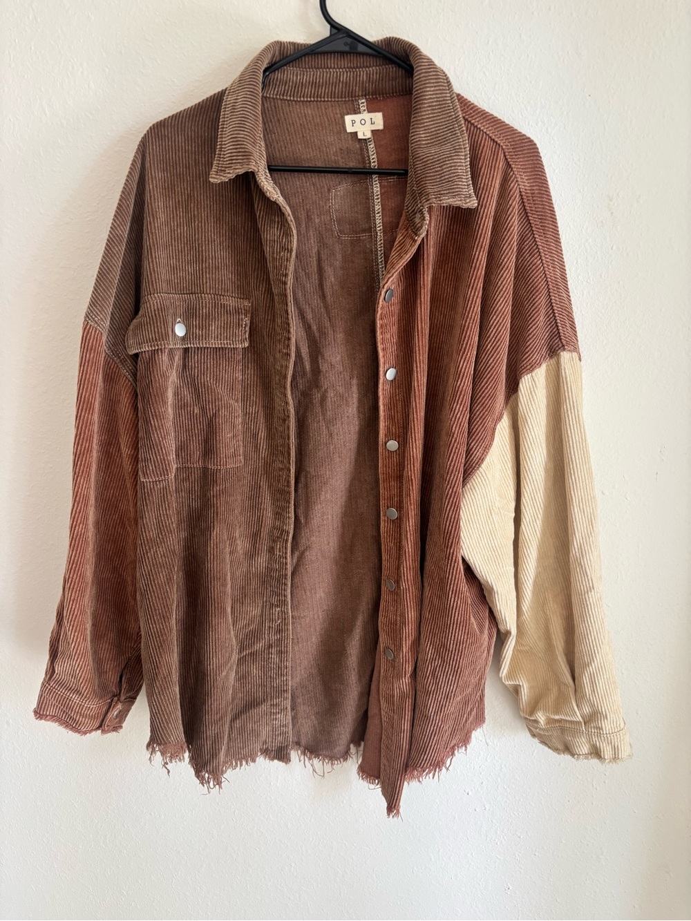 POL Corduroy Colorblock Shirt Jacket in Brown & Cream